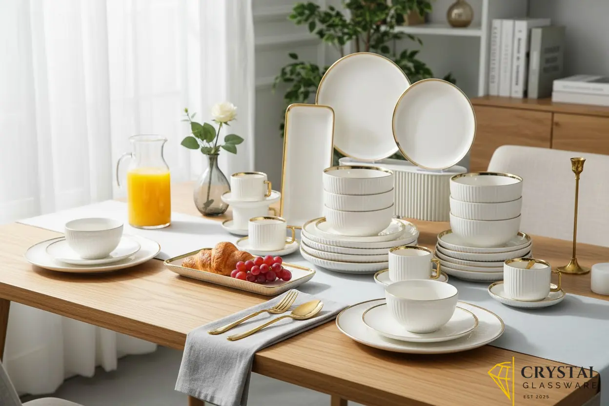 32-piece ceramic dinner set featuring a ribbed texture and gold trim